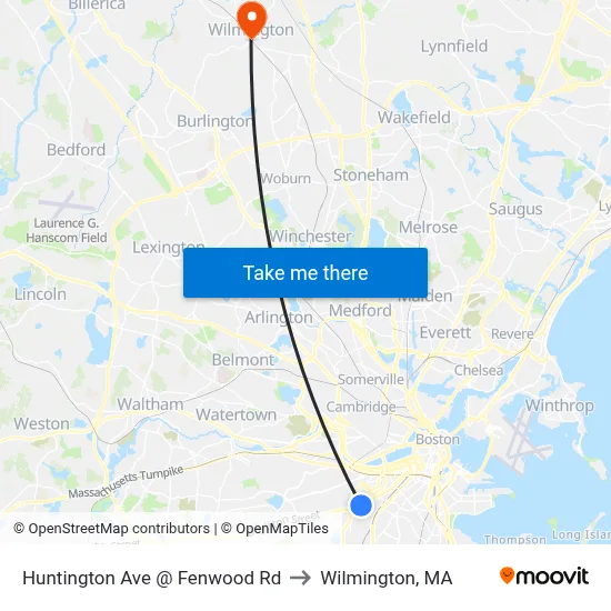 Huntington Ave @ Fenwood Rd to Wilmington, MA map