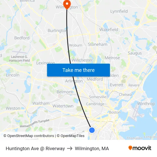 Huntington Ave @ Riverway to Wilmington, MA map