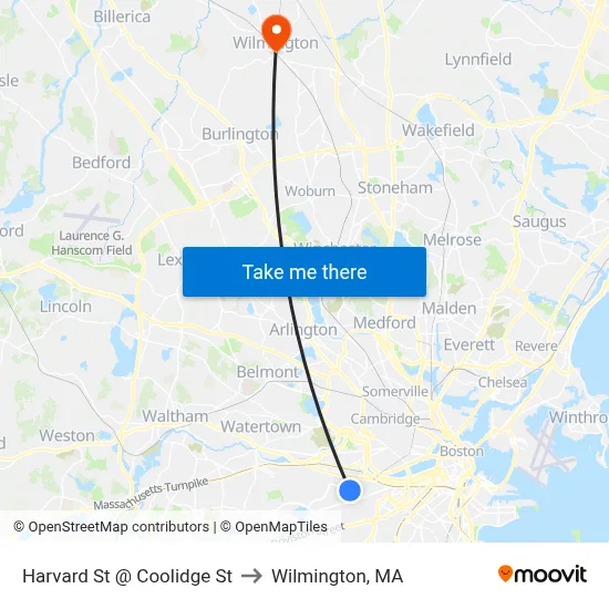 Harvard St @ Coolidge St to Wilmington, MA map