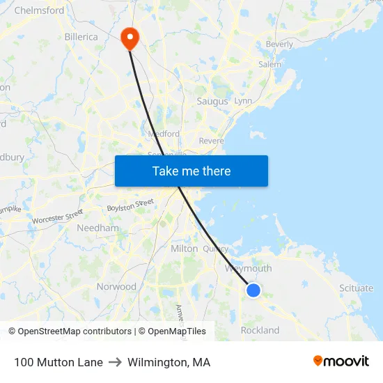 Mutton Lane @ Washington St to Wilmington, MA map