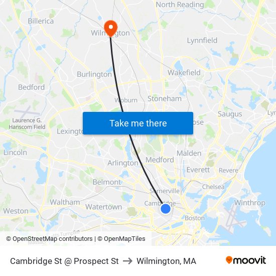 Cambridge St @ Prospect St to Wilmington, MA map