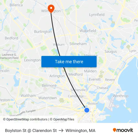 Boylston St @ Clarendon St to Wilmington, MA map