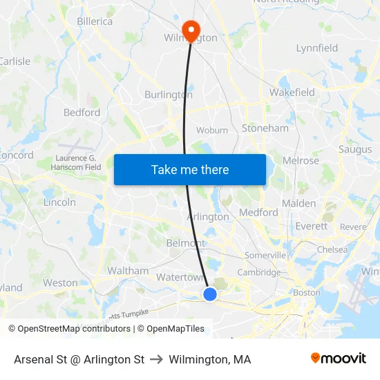 Arsenal St @ Arlington St to Wilmington, MA map