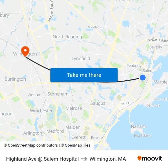 Highland Ave @ Salem Hospital to Wilmington, MA map
