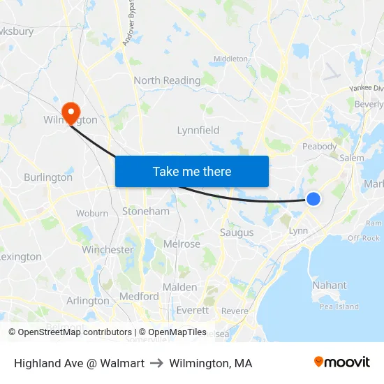 Highland Ave @ Walmart to Wilmington, MA map