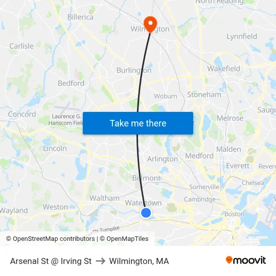 Arsenal St @ Irving St to Wilmington, MA map