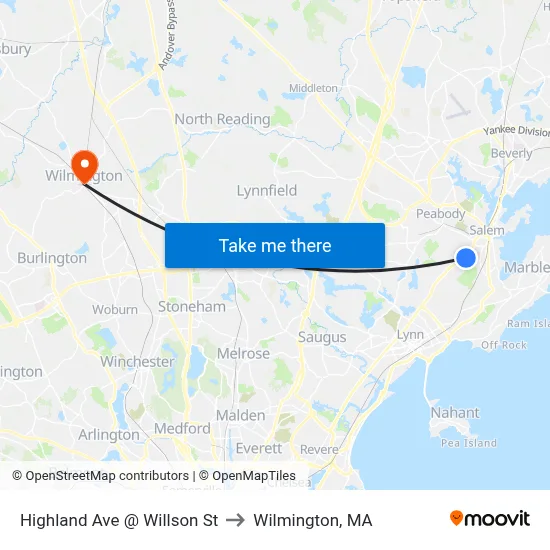 Highland Ave @ Willson St to Wilmington, MA map