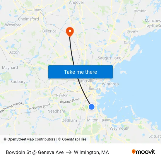 Bowdoin St @ Geneva Ave to Wilmington, MA map