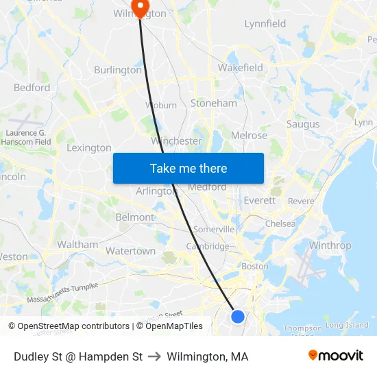 Dudley St @ Hampden St to Wilmington, MA map