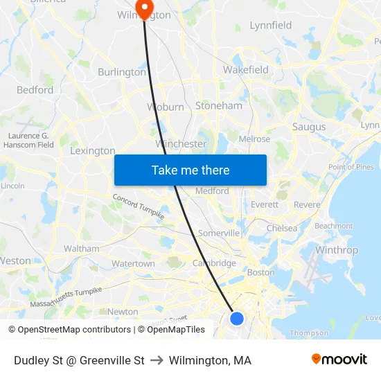 Dudley St @ Greenville St to Wilmington, MA map