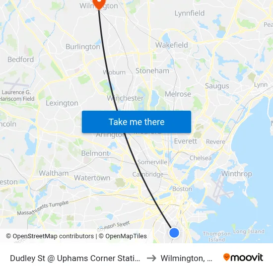 Dudley St @ Uphams Corner Station to Wilmington, MA map
