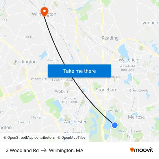 3 Woodland Rd to Wilmington, MA map