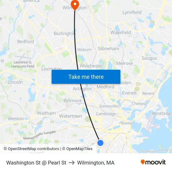 Washington St @ Pearl St to Wilmington, MA map