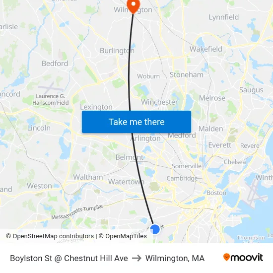 Boylston St @ Chestnut Hill Ave to Wilmington, MA map