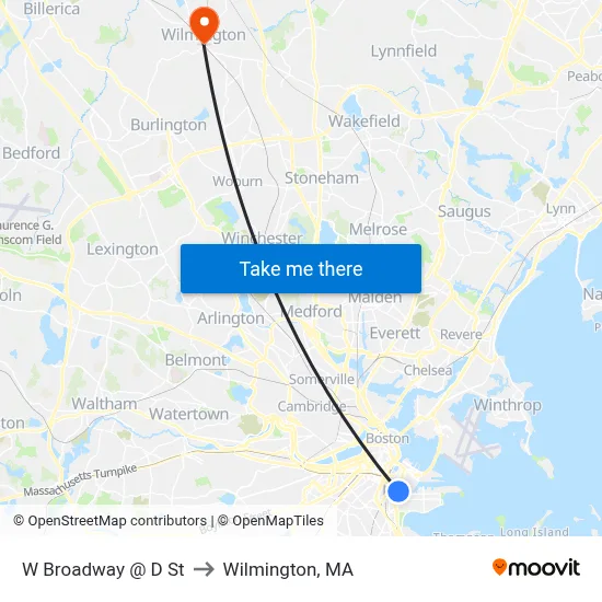 W Broadway @ D St to Wilmington, MA map