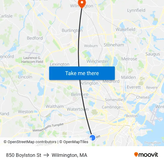 850 Boylston St to Wilmington, MA map