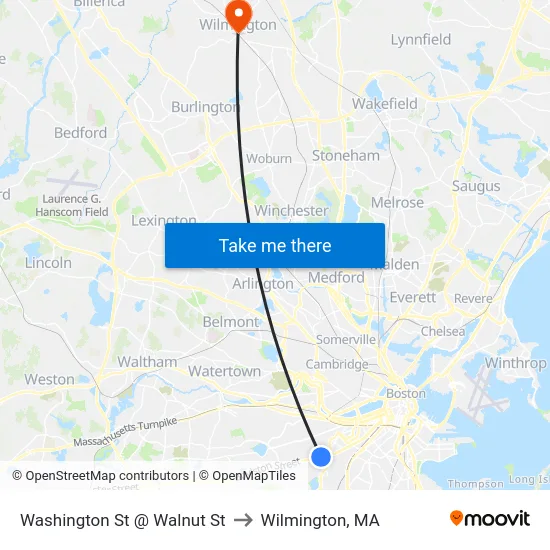 Washington St @ Walnut St to Wilmington, MA map
