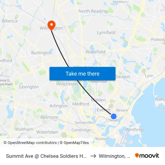 Summit Ave @ Chelsea Soldiers Home to Wilmington, MA map