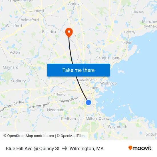 Blue Hill Ave @ Quincy St to Wilmington, MA map
