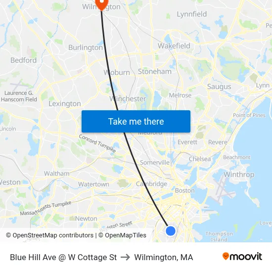 Blue Hill Ave @ W Cottage St to Wilmington, MA map