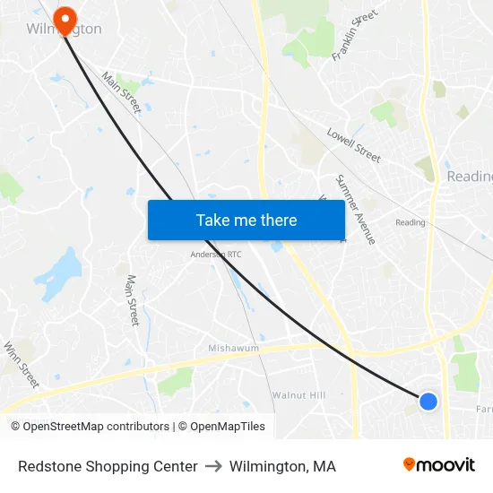 Redstone Shopping Center to Wilmington, MA map