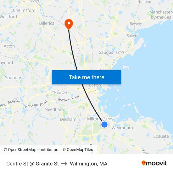 Centre St @ Granite St to Wilmington, MA map