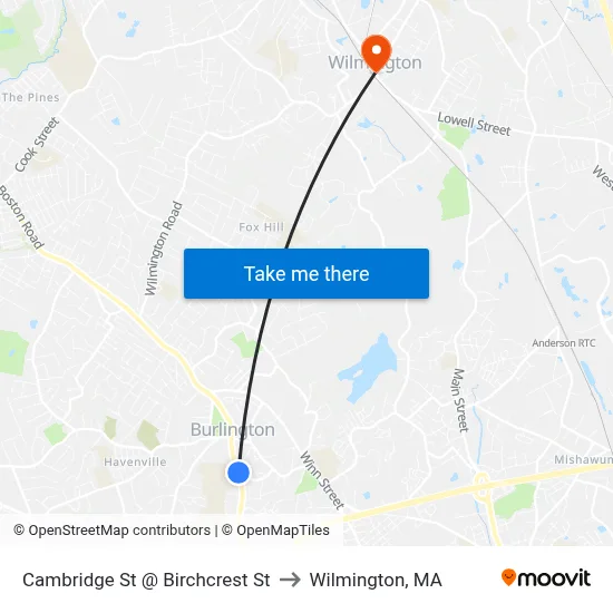 Cambridge St @ Birchcrest St to Wilmington, MA map