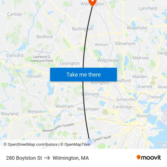 280 Boylston St to Wilmington, MA map