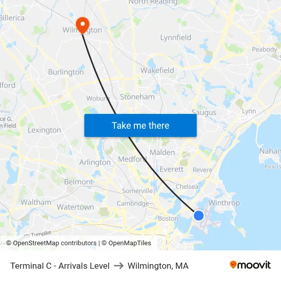 Terminal C - Arrivals Level to Wilmington, MA map
