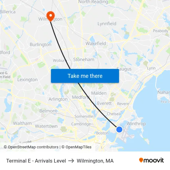 Terminal E - Arrivals Level to Wilmington, MA map