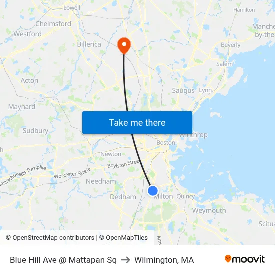 Blue Hill Ave @ Mattapan Sq to Wilmington, MA map