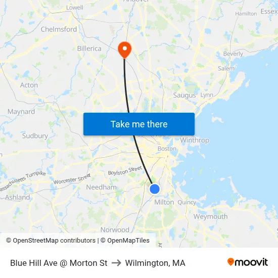 Blue Hill Ave @ Morton St to Wilmington, MA map