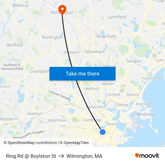 Ring Rd @ Boylston St to Wilmington, MA map