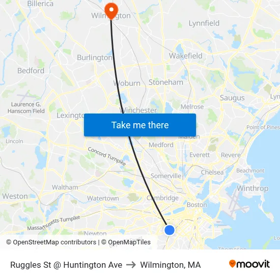 Ruggles St @ Huntington Ave to Wilmington, MA map