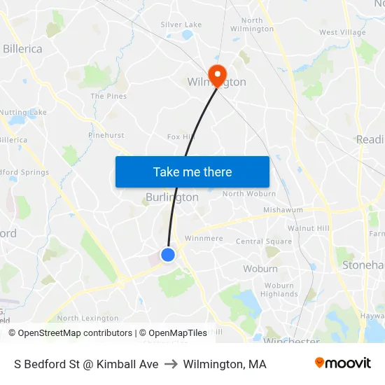 S Bedford St @ Kimball Ave to Wilmington, MA map