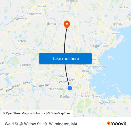 Weld St @ Willow St to Wilmington, MA map