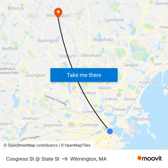 Congress St @ State St to Wilmington, MA map