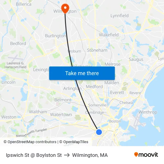Ipswich St @ Boylston St to Wilmington, MA map