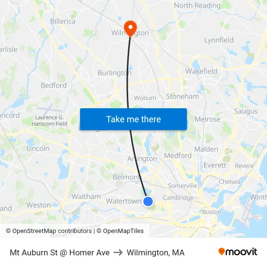 Mt Auburn St @ Homer Ave to Wilmington, MA map