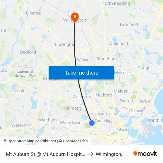 Mt Auburn St @ Mt Auburn Hospital to Wilmington, MA map