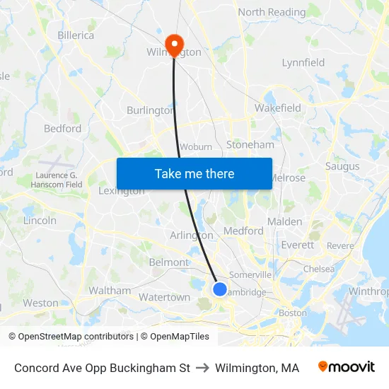Concord Ave Opp Buckingham St to Wilmington, MA map