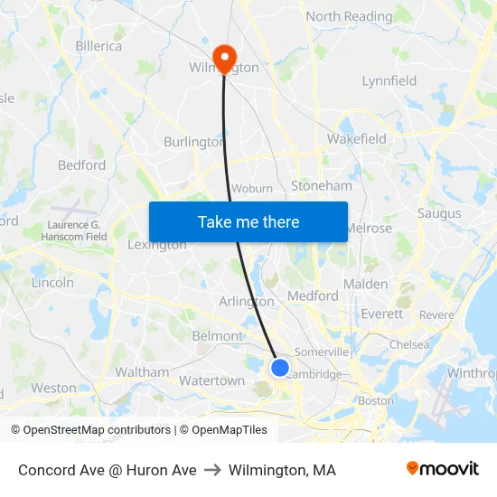 Concord Ave @ Huron Ave to Wilmington, MA map