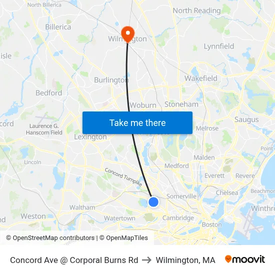 Concord Ave @ Corporal Burns Rd to Wilmington, MA map