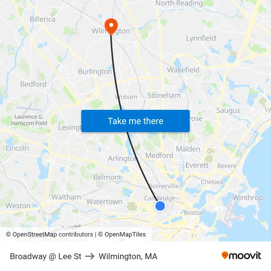 Broadway @ Lee St to Wilmington, MA map