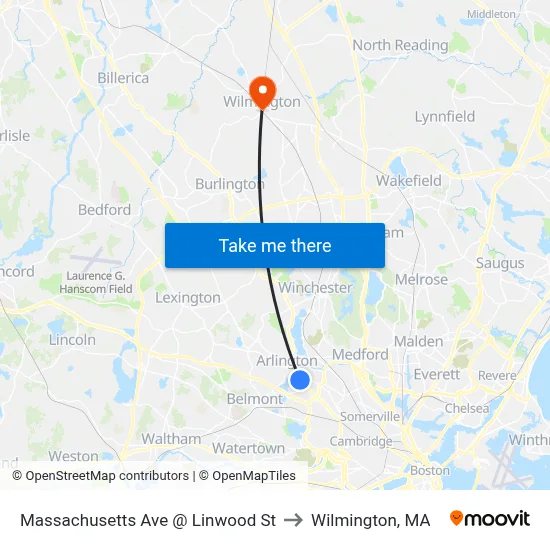 Massachusetts Ave @ Linwood St to Wilmington, MA map