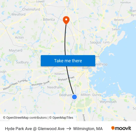 Hyde Park Ave @ Glenwood Ave to Wilmington, MA map