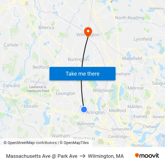 Massachusetts Ave @ Park Ave to Wilmington, MA map