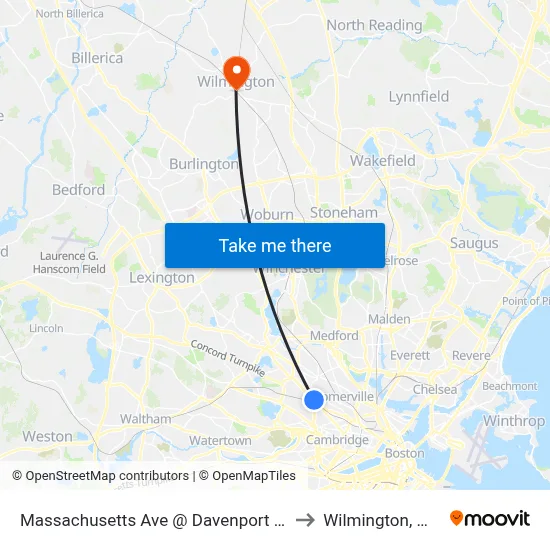 Massachusetts Ave @ Davenport St to Wilmington, MA map