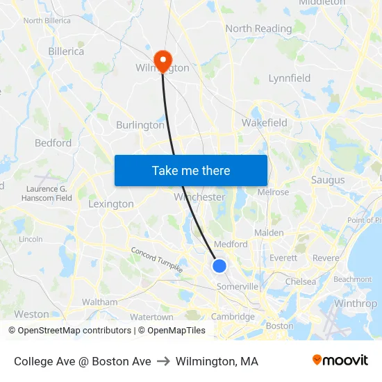 College Ave @ Boston Ave to Wilmington, MA map
