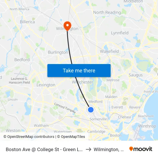 Boston Ave @ College Ave - Green Line to Wilmington, MA map